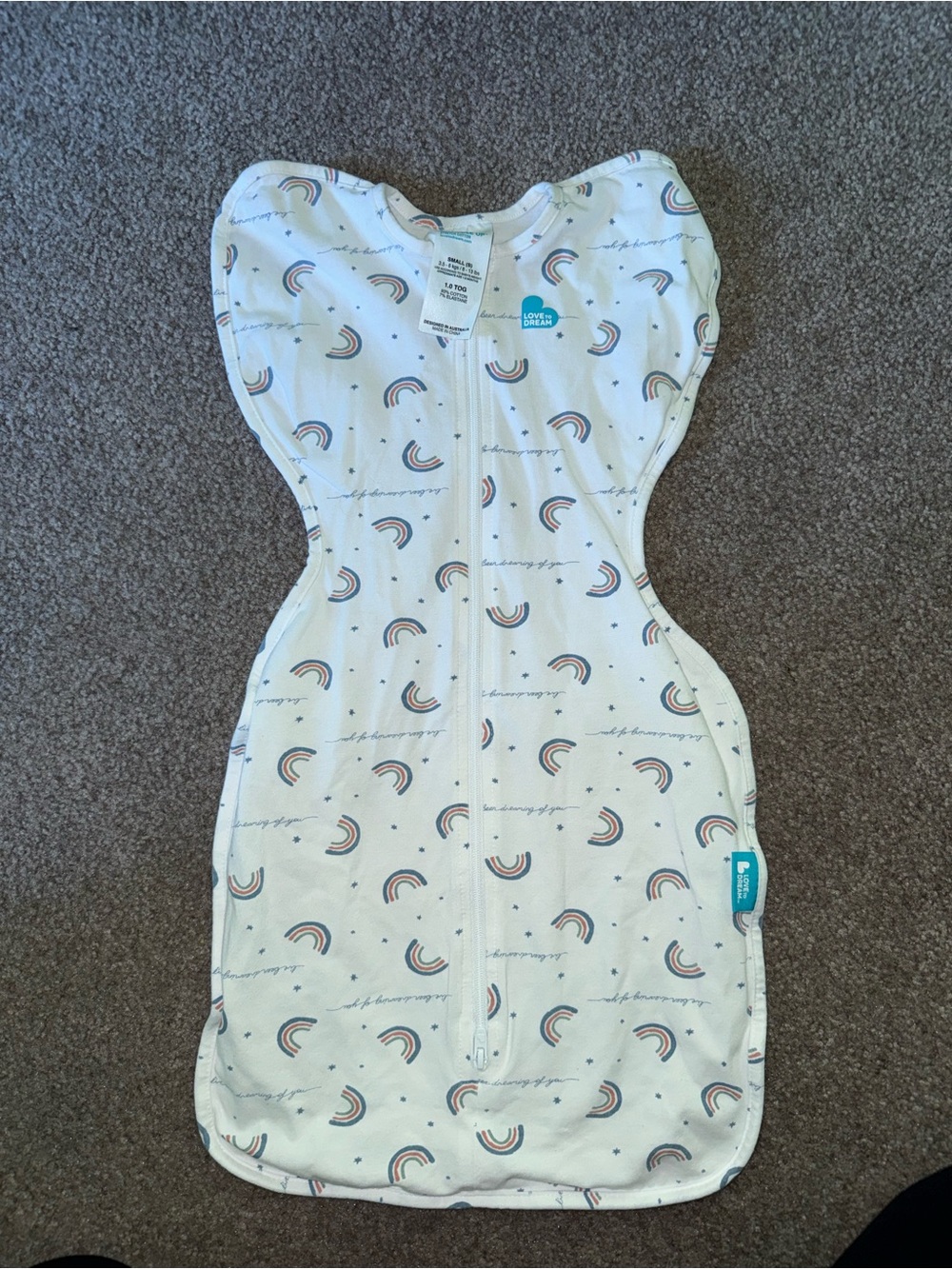 Love to Dream White Swaddle Sleep Sack with Rainbow Print